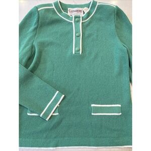 Vtg Castleberry Knit Top Womens 10 Teal Green Long Sleeves 1/2 Button Up Sweater